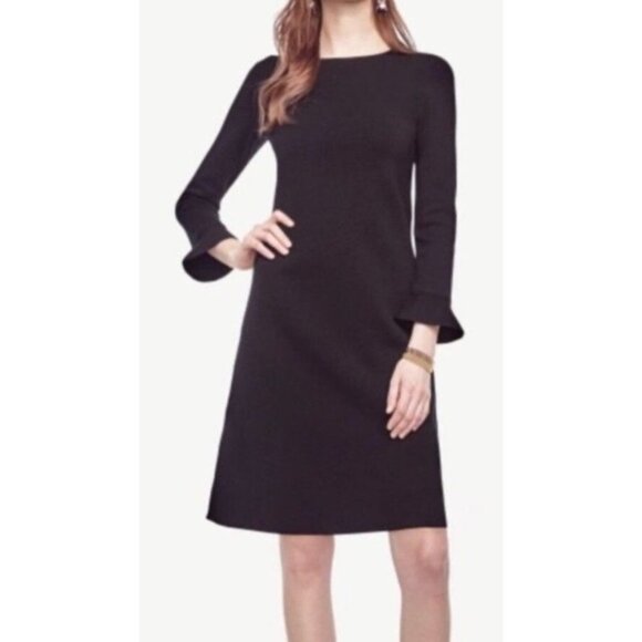 ANN TAYLOR Black Knit Fluted Long Sleeve Midi Knit Dress Womens Large - Picture 1 of 9